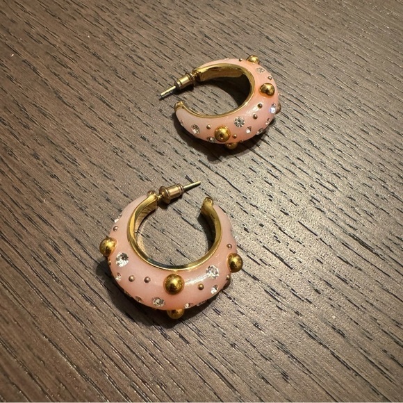 Celine Phoebe Philo Peach-Pink Enamel Hoop Earrings – Gold Studs & Crystals - Picture 6 of 6